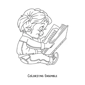 Coloriage d'une petite fille en train de lire un livre