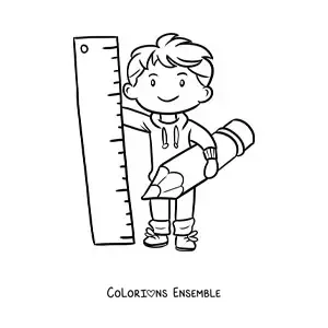 Coloriage d'un petit garçon kawaii tenant un crayon et une règle géante