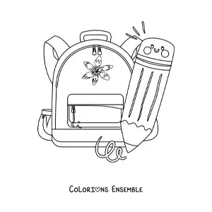 Coloriage d'un crayon kawaii rigolo à côté d'un cartable
