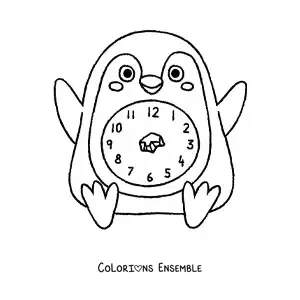 Coloriage d'une horloge en forme de pingouin kawaii