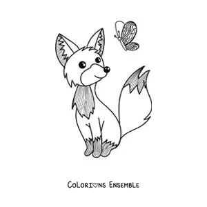 Coloriage d'un renard de dessin animé assis, qui regarde un papillon