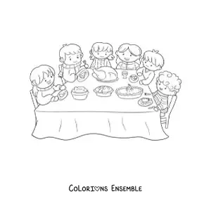 Image à colorier d’une famille qui dîne à une table avec une nappe