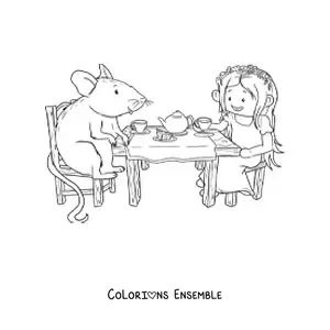 Image à colorier d’une fillette et d’une petite souris animée qui prennent le thé à une table en bois