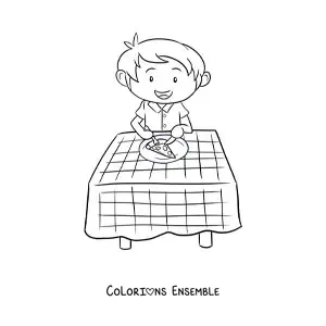 Image à colorier d’un garçon qui mange une pizza à une table avec une nappe à carreaux