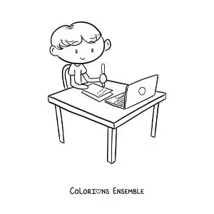 Image à colorier d’un garçon qui fait ses devoirs à une table
