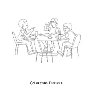 Image à colorier de trois enfants qui mangent à table