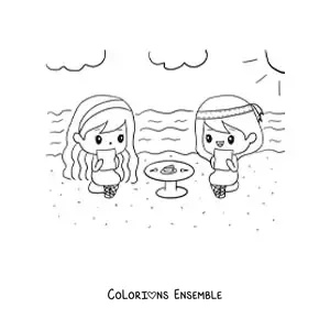 Image à colorier de deux fillettes kawaii qui goûtent à une table ronde