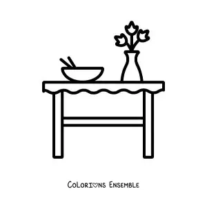 Image à colorier d’une table avec un vase et une assiette