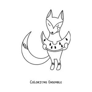 Coloriage d'un renard de dessin animé en train de manger une pastèque