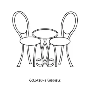 Image à colorier d’une table de café avec deux chaises