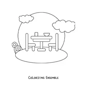 Image à colorier d’une table avec des chaises dans un jardin
