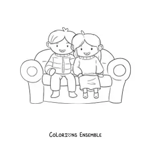 Image à colorier d’un couple kawaii assis sur un fauteuil