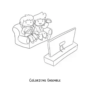 Image à colorier de deux enfants qui regardent un match de football assis sur un fauteuil