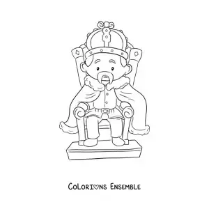 Image à colorier d’un roi kawaii assis sur un trône