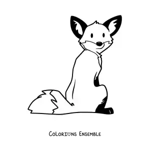 Coloriage d'un renard de dessin animé assis de dos, la tête tournée vers l'arrière