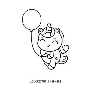 Image à colorier d’une licorne kawaii avec un ballon
