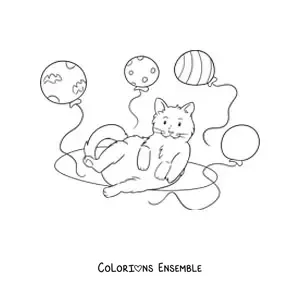 Image à colorier d’un chat kawaii avec quatre ballons