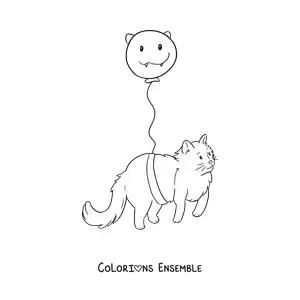 Image à colorier d’un chat kawaii attaché à un ballon