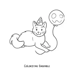 Image à colorier d’un chat kawaii avec un ballon de fête
