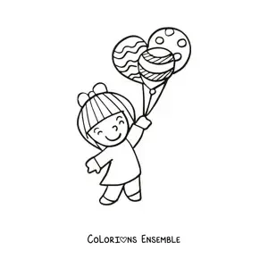 Image à colorier d’une fille qui tient trois ballons