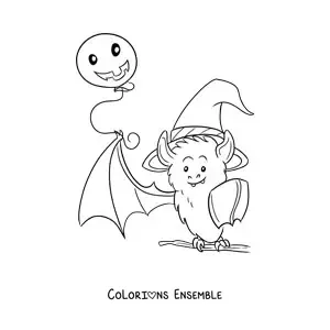 Image à colorier d’une chauve-souris kawaii avec un ballon d’Halloween