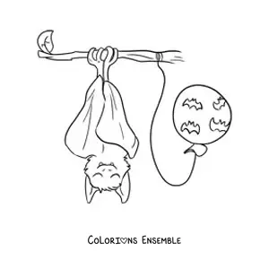 Image à colorier d’une chauve-souris kawaii qui dort à côté d’un ballon d’Halloween