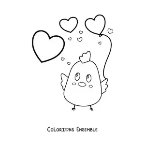 Image à colorier d’un poussin kawaii avec des ballons en forme de cœur