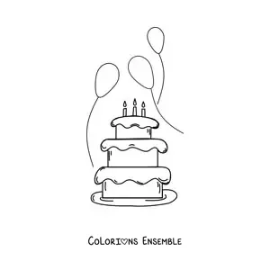 Image à colorier d’un gâteau d’anniversaire avec trois ballons