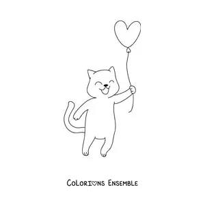 Image à colorier d’un chat animé avec un ballon en forme de cœur