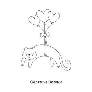 Image à colorier d’un chat animé attaché à trois ballons en forme de cœur