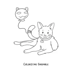 Image à colorier d’un chat kawaii avec un ballon en forme de chat