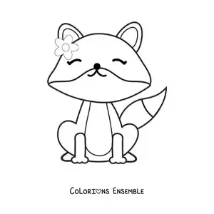 Coloriage d'un renard kawaii de dessin animé assis, avec une fleur sur la tête