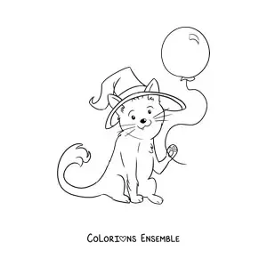 Image à colorier d’un chat kawaii déguisé avec un ballon d’Halloween