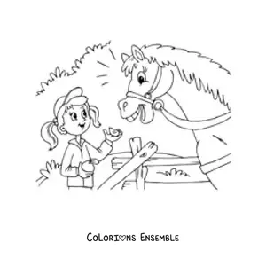 Image à colorier d’une fille donnant une pomme à un cheval