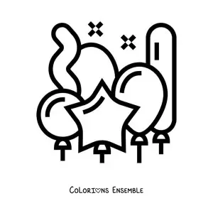 Image à colorier d’un ballon en forme d’étoile entouré de plusieurs ballons