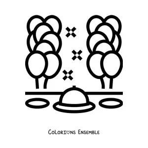Image à colorier d’une table avec des ballons de fête