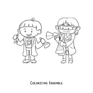 Image à colorier de deux scientifiques kawaii animés
