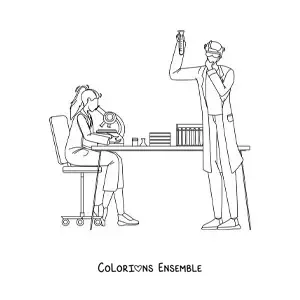 Image à colorier de deux scientifiques dans un laboratoire de chimie