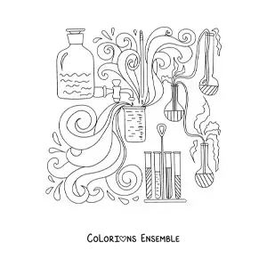 Image à colorier de récipients et de flacons remplis de produits chimiques qui réagissent en se mélangeant