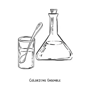 Image à colorier d’un ballon de laboratoire et d’un verre remplis de solutions chimiques