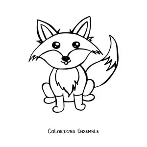 Coloriage d'un renard kawaii de dessin animé aux yeux brillants, assis de face