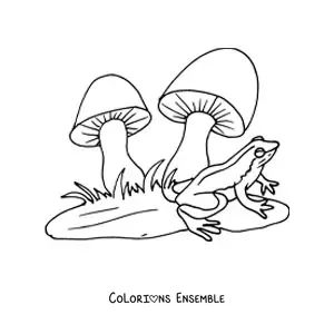 Image à colorier d'une grenouille à côté de deux champignons