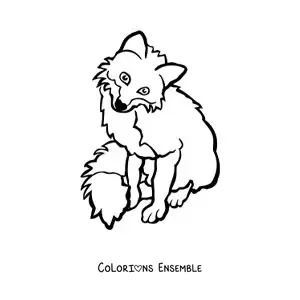 Coloriage d'un renard sauvage assis de face, la tête penchée vers la droite