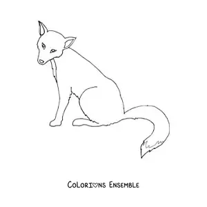 Coloriage d'un renard sauvage assis de profil, la tête tournée vers l'avant