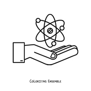 Image à colorier d'une main tenant un atome représentant la physique nucléaire