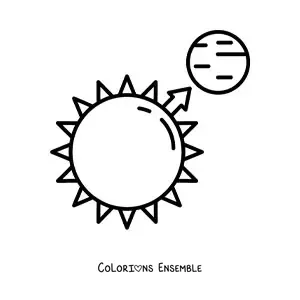 Image à colorier du soleil et d'une planète représentant l'attraction gravitationnelle