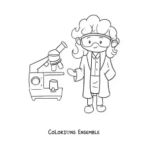 Image à colorier d'un scientifique kawaii avec un microscope