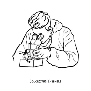 Image à colorier d'un scientifique utilisant un microscope binoculaire