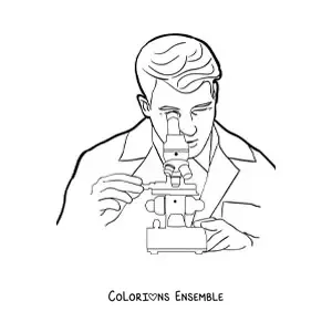 Image à colorier d'un scientifique regardant à travers un microscope