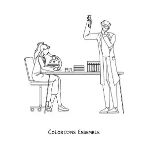 Image à colorier de deux scientifiques avec un microscope dans un laboratoire
